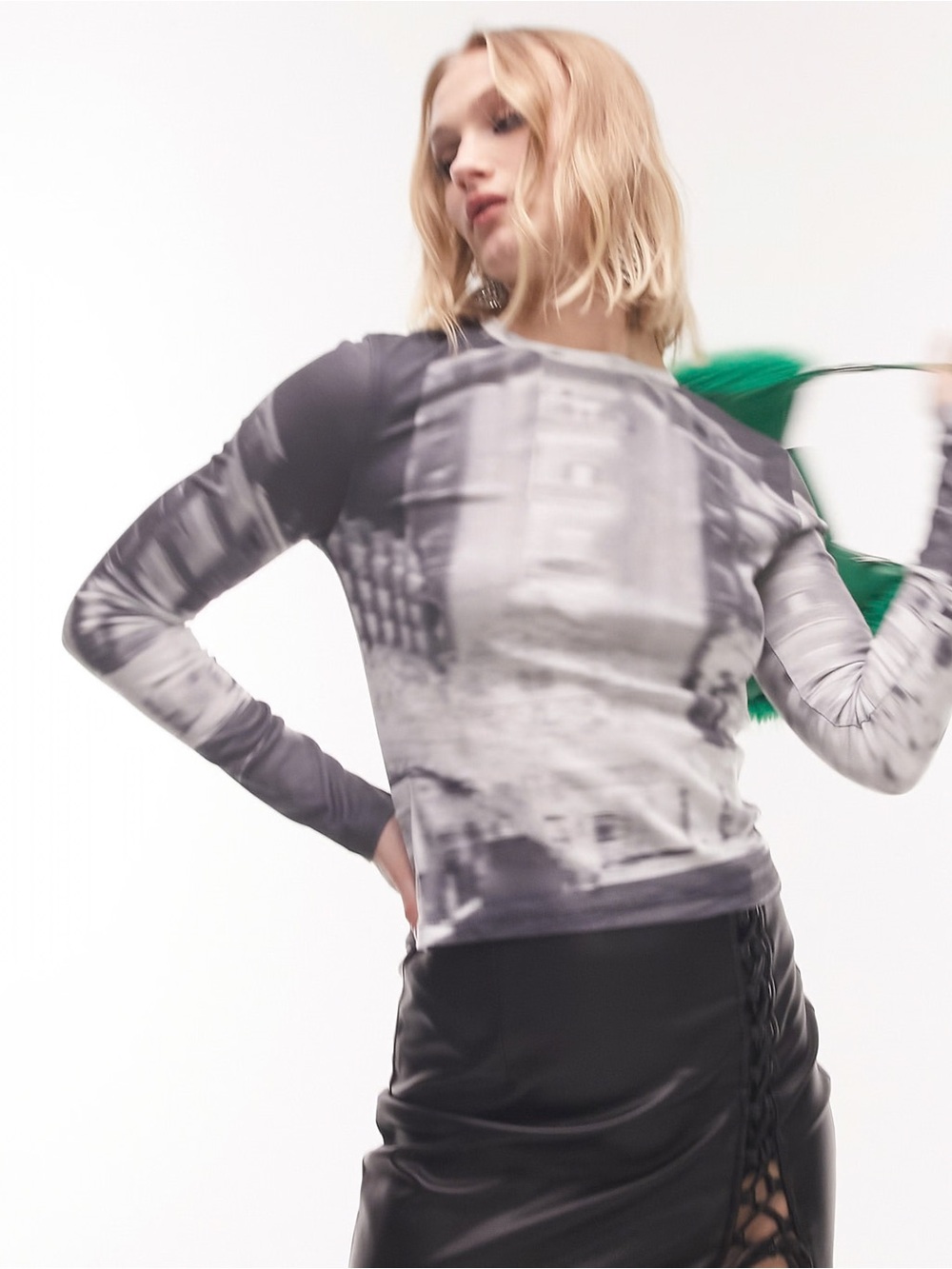 Topshop Scenic Gray Graphic Long Sleeve Crewneck Top